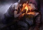  2girls bandaged_hands bandages blood blood_on_face caitlyn_(league_of_legends) cigarette dying earrings facial_tattoo fingerless_gloves gloves injury jewelry league_of_legends lighter long_hair lying multiple_girls on_back pink_hair rain short_hair skirt tattoo tears vi_(league_of_legends) wet wet_hair 