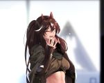  1girl ;d animal_ears arknights bangs breasts brown_hair brown_shirt cape commentary_request crop_top green_eyes grey_cape hair_between_eyes hands_up highres horse_ears indoors long_hair looking_at_viewer medium_breasts meteor_(arknights) midriff one_eye_closed open_mouth shijie_jianfa shirt smile solo upper_body 