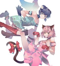  2girls absurdres aizawa_mint alpha_(akatsuki-pun) animal_ears aqua_dress bell bird_tail boots bow cat_ears cat_girl cat_tail choker closed_mouth clothing_request double_bun dress floating gloves highres jewelry kneehighs looking_at_viewer mew_ichigo mew_mint momomiya_ichigo multicolored multicolored_eyes multiple_girls open_mouth pendant pink_hair purple_hair red_dress shoes short_hair simple_background sparkle tail tokyo_mew_mew white_background wings 