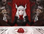  1girl 2others bangs breasts chair crown fork formal grin heart_(organ) helltaker highres holding horns knife long_hair looking_at_viewer lucifer_(helltaker) mole mole_under_eye multiple_others necktie osakana_(denpa_yun&#039;yun) plate red_eyes smile spoon suit white_background 