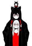  1boy 1girl :3 amamiya_ren animal animal_hood animal_on_head bangs blunt_bangs cat cat_hood coat glasses grin height_difference hood hood_up monochrome morgana_(persona_5) on_head persona persona_5 sakura_futaba sidelocks simple_background smile spot_color upper_body white_background yasuu! 