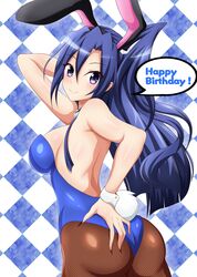  1girl absurdres animal_ears ass ass_grab blue_hair blue_leotard breasts bunny_girl bunny_tail bunnysuit deep_skin detached_collar fake_animal_ears fishnet_legwear fishnets from_behind gdgdxd96 grabbing_own_ass highres kazanari_tsubasa leotard long_hair looking_at_viewer looking_back medium_breasts pantyhose rabbit_ears senki_zesshou_symphogear shiny shiny_hair solo standing strapless strapless_leotard tail violet_eyes wrist_cuffs 