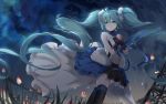  1girl absurdly_long_hair ahoge aqua_eyes aqua_hair bare_shoulders black_legwear dress dutch_angle falling_petals from_below fur-trimmed_skirt fur_trim grass hair_ornament hands_clasped hands_together hatsune_miku highres k.syo.e+ long_hair looking_away night night_sky outdoors own_hands_together parted_lips petals power_lines praying skirt sky sleeveless sleeveless_dress solo star_(sky) starry_sky strapless strapless_dress thigh-highs transmission_tower twintails very_long_hair vocaloid white_dress 