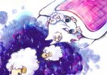  1girl absurdres artist_name blanket blue_eyes dated face fingers highres looking_at_viewer looking_up lying on_back original pillow sheep sky sleeping_bag space star star_(sky) starry_sky white_hair zukky000 