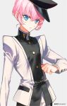  1girl akira_hou bangs blue_eyes crossdressinging hat looking_at_viewer official_alternate_costume pink_hair school_uniform short_hair shoujo_kakumei_utena shoujo_kakumei_utena_adolescence_mokushiroku simple_background solo tenjou_utena 