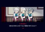  3girls absurdres ahoge akishimo_(kantai_collection) aqua_neckwear asashimo_(kantai_collection) asymmetrical_bangs asymmetrical_hair bangs black_border border bow bowtie brown_hair closed_mouth dress eyebrows_visible_through_hair gradient_hair grey_hair hair_between_eyes hair_ornament hair_over_one_eye hair_ribbon helltaker highres indoors kantai_collection kiyoshimo_(kantai_collection) long_hair long_sleeves low_twintails multicolored_hair multiple_girls parody ponytail purple_dress ribbon school_uniform shirt silver_hair style_parody sweat torikai_a translation_request twintails white_shirt 