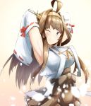  1girl ahoge arms_behind_head arms_up beige_background brown_hair brown_skirt commentary_request detached_sleeves double_bun gradient gradient_background hairband headgear highres japanese_clothes kantai_collection kongou_(kantai_collection) long_hair looking_at_viewer one_eye_closed ribbon-trimmed_sleeves ribbon_trim skirt solo violet_eyes yomitsuna 