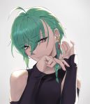  1other androgynous bangs bare_shoulders bridal_veil gloves green_hair highres lempika looking_at_viewer nijisanji parted_lips ryuushen short_hair simple_background smile solo upper_body veil violet_eyes virtual_youtuber 