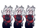  3girls animal_ears black_gloves black_vest blue_eyes cerberus_(helltaker) demon_girl demon_tail dog_ears dog_girl gloves helltaker holding_own_arm long_hair looking_to_the_side multiple_girls necktie official_art red_eyes red_shirt shirt sweat tail vanripper vest white_hair 