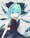 1girl aqua_hair bangs black_bow blue_dress blue_eyes bow bowtie cirno closed_mouth collar collared_dress dress fairy grey_background hair_bow highres ice ice_wings looking_at_viewer red_bow red_neckwear short_hair short_sleeves simple_background solo standing touhou tsukikusa wings 