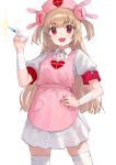  &gt;_&lt; 1girl :d armband bandaged_arm bandages bangs breasts bunny_hair_ornament center_frills collared_shirt commentary eyebrows_visible_through_hair fang frills glint hair_ornament hand_on_hip hat highres holding holding_syringe light_brown_hair long_hair natori_sana nurse_cap open_mouth pink_headwear pleated_skirt puffy_short_sleeves puffy_sleeves red_eyes safety_pin sana_channel shirt short_sleeves simple_background skirt small_breasts smile solo standing suketoudara_(artist) symbol_commentary syringe thigh-highs two_side_up very_long_hair virtual_youtuber white_background white_legwear white_shirt white_skirt 