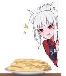  1girl apron clothes_writing crepe demon_horns dondondorodo food helltaker horns lucifer_(helltaker) mole mole_under_eye open_mouth peeking_out plate red_eyes red_shirt saliva shirt sleeves_rolled_up solo sparkle white_background white_hair white_horns 