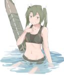  1girl bikini breasts camouflage collarbone commentary_request dark_green_hair flight_deck green_bikini green_eyes grin kantai_collection kusakasima long_hair looking_at_viewer navel partially_submerged small_breasts smile solo surfboard swimsuit twintails upper_body zuikaku_(kantai_collection) 