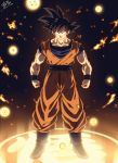  1boy arms_at_sides black_eyes black_hair blue_footwear boots clenched_hands commentary_request dark_background darkness dougi dragon_ball dragon_ball_(object) dragon_ball_z full_body glowing grin highres legs_apart lens_flare light light_particles light_rays looking_at_viewer male_focus orange_theme pectorals shaded_face signature smile son_gokuu spiky_hair standing tasaka_shinnosuke wristband 