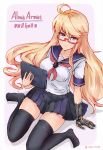  1girl absurdres ahoge alma_armas alternate_costume black_skirt blonde_hair breasts character_name commentary_request computer copyright_name full_body girls_frontline glasses highres laptop long_hair looking_at_viewer mechanical_hand medium_breasts pleated_skirt prosthetic_hand rasen_manga red-framed_eyewear school_uniform semi-rimless_eyewear serafuku shirt sitting skirt solo taut_clothes taut_shirt thigh-highs twitter_username under-rim_eyewear va-11_hall-a very_long_hair violet_eyes wariza zettai_ryouiki 