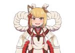  1girl :3 :d animal_ear_fluff animal_ears bangs blunt_bangs blush brown_eyes detached_sleeves ear_down granblue_fantasy hands_on_hips long_sleeves looking_at_viewer open_mouth rantana_(lalalalackluster) red_ribbon ribbon short_hair simple_background smile solo vajra_(granblue_fantasy) white_background wide_sleeves 