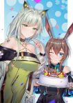  2girls ;) alternate_costume amiya_(arknights) animal_ear_fluff animal_ears arknights bangs bare_shoulders black_dress blue_background blue_eyes blue_ribbon blush breasts brown_hair cake candy commentary_request dress drop_shadow eyebrows_visible_through_hair food green_dress green_eyes hand_up highres holding holding_plate kal&#039;tsit_(arknights) lollipop long_hair long_sleeves looking_at_viewer medium_breasts multiple_girls off-shoulder_dress off_shoulder one_eye_closed ore_lesion_(arknights) plate rabbit_ears ribbon sidelocks silver_hair sking smile upper_body 