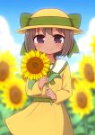  1girl bangs blue_sky blurry blurry_background blush bow brown_dress brown_eyes brown_hair brown_headwear closed_mouth clouds dark_skin day depth_of_field dress eyebrows_visible_through_hair field flower flower_field green_bow hat hat_bow highres holding holding_flower long_sleeves naga_u outdoors razzy short_hair sky smile solo summon_night summon_night_swordcraft_story sun_hat sunflower yellow_flower 