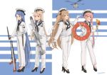  4girls absurdres aircraft alternate_costume bangs battle_rifle bayonet black_footwear black_neckwear black_ribbon blonde_hair blue_eyes blue_hair blue_sailor_collar braid brown_eyes clothes_writing eyebrows_visible_through_hair flag flower full_body gloves gradient_hair gun hair_flaps hair_flower hair_ornament hair_ribbon hairclip harusame_(kantai_collection) hat helicopter heterochromia high_heels highres holding holding_flag holding_lifebuoy holding_missile holding_weapon howa_type_64 japan_maritime_self-defense_force japan_self-defense_force kantai_collection light_brown_hair long_hair military military_uniform multicolored_hair multiple_girls murasame_(kantai_collection) neckerchief pants pink_hair red_eyes remodel_(kantai_collection) ribbon rifle sagoromo_04 sailor_collar sailor_hat sailor_shirt samidare_(kantai_collection) sea_sparrow_missile shirt side_ponytail swept_bangs two_side_up uh-60_blackhawk uniform very_long_hair weapon white_gloves white_headwear white_pants yuudachi_(kantai_collection) 