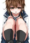  1girl anchor_symbol black_legwear blue_sailor_collar brown_eyes brown_hair folded_ponytail inazuma_(kantai_collection) kantai_collection kneehighs long_hair long_sleeves nanodesu_(phrase) nukoyarou panties pantyshot pleated_skirt red_neckwear sailor_collar school_uniform serafuku shirt skirt solo squatting underwear white_panties white_shirt 