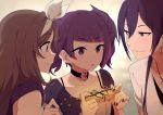  3girls bangs brown_eyes brown_hair choker commentary_request diagonal_bangs earrings eyebrows_visible_through_hair gift hair_between_eyes hairband idolmaster idolmaster_shiny_colors jewelry multiple_girls necklace open_mouth purple_hair purple_nails shirase_sakuya smile sohin tanaka_mamimi tsukioka_kogane twintails violet_eyes yellow_eyes 