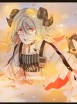  1girl arknights bangs black_choker blonde_hair choker cloak crying crying_with_eyes_open curled_horns dress fire gradient_hair hair_between_eyes horns ifrit_(arknights) low_twintails multicolored_hair open_mouth orange_eyes parted_bangs sad short_hair short_twintails solo streaming_tears striped tears teeth twintails vertical-striped_dress vertical_stripes yuutama2804 