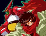  1boy black_hair blue_eyes clenched_hand clenched_teeth getter-1 getter_robo glowing glowing_eyes highres long_hair looking_ahead mecha nagare_ryoma potiri02 red_scarf scarf shin_getter_robo super_robot teeth yellow_eyes 