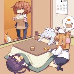  4girls akatsuki_(kantai_collection) animal blue_eyes brown_eyes brown_hair cat hibiki_(kantai_collection) ikazuchi_(kantai_collection) inazuma_(kantai_collection) kantai_collection long_hair magune_toron multiple_girls purple_hair short_hair silver_hair violet_eyes 