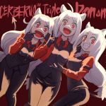  3girls :d animal_ears black_gloves black_legwear black_neckwear black_pants black_suit black_tail black_vest breasts cerberus_(helltaker) collared_shirt demon_girl demon_tail dog_ears dog_girl eyebrows_visible_through_hair formal gloves helltaker highres long_hair looking_at_viewer matching_outfit medium_breasts monster_girl multiple_girls necktie neckwear open_mouth pants red_eyes red_shirt rubyling92 shirt siblings silver_hair simple_background sisters small_breasts smile standing suit tail triplets very_long_hair vest 