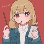  1girl bangs blonde_hair blue_jacket bright_pupils brown_eyes eyebrows_visible_through_hair food food_in_mouth highres holding holding_food jacket long_sleeves looking_at_viewer medium_hair nokanok open_clothes open_jacket original pocky pocky_day red_background simple_background solo sweater upper_body white_pupils white_sweater 