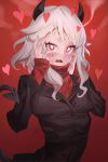  1girl absurdres black_suit blush breasts demon_girl demon_horns demon_tail heart heart-shaped_pupils helltaker highres horns long_sleeves looking_at_viewer modeus_(helltaker) red_eyes red_sweater shirt short_hair skirt solo ssangbong-llama sweater symbol-shaped_pupils tail white_hair 