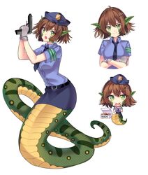  1girl :d ahoge armband arms_up belt belt_buckle blue_headwear blue_shirt blue_skirt box breasts brown_hair buckle buttons chibi closed_mouth collared_shirt commission crossed_arms doughnut eating english_commentary eyebrows_visible_through_hair food full_body gloves green_eyes gun hair_between_eyes hair_ornament hairclip hat highres holding holding_food holding_gun holding_weapon lamia looking_at_viewer monster_girl multiple_views necktie open_mouth original pointy_ears police police_uniform policewoman scales shirt short_hair short_sleeves simple_background skirt slit_pupils smile tail uniform unmoving_pattern upper_body v-shaped_eyebrows weapon white_background white_gloves wing_collar yaya_chan 