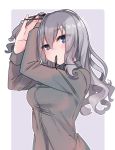  1girl blue_eyes breasts eyebrows_visible_through_hair eyes_visible_through_hair grey_background grey_shirt hair_down kantai_collection kashima_(kantai_collection) large_breasts glasses_poni mouth_hold ribbon ribbon_in_mouth shirt silver_hair simple_background solo tying_hair upper_body wavy_hair 