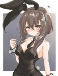  1girl alternate_costume animal_ears black_neckwear blush breasts brown_eyes brown_hair bunny_tail bunnysuit cuff_links detached_collar embarrassed eyebrows_visible_through_hair fake_animal_ears headband kantai_collection kasashi_(kasasi008) necktie rabbit_ears small_breasts solo taihou_(kantai_collection) tail upper_body 