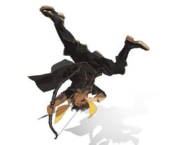  1boy arrow_(projectile) backflip black_footwear black_pants bow_(weapon) brown_hair claude_von_riegan dark_skin dark_skinned_male fire_emblem fire_emblem:_three_houses full_body garreg_mach_monastery_uniform holding holding_weapon pants short_hair simple_background solo uniform upside-down weapon white_background zatsu7wy 