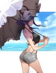  1girl arknights artist_name baseball_cap bikini black_bikini blue_hair blue_sky ch&#039;en_(arknights) contrapposto cutoffs day dimples_of_venus from_side hair_bun halterneck hat highleg highleg_bikini highres horizon horns jane_xiao outdoors outside_border parasol short_shorts shorts sidelocks sky solo swimsuit umbrella weibo_username 