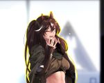  1girl ;d animal_ears arknights bangs breasts brown_hair brown_shirt cape commentary_request crop_top green_eyes grey_cape hair_between_eyes hands_up highres horse_ears indoors long_hair looking_at_viewer medium_breasts meteor_(arknights) midriff one_eye_closed open_mouth outline shijie_jianfa shirt smile solo upper_body yellow_outline 