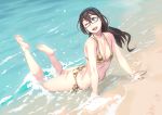  1girl aqua_eyes aqua_hairband beach bikini black-framed_eyewear black_hair breasts glasses gold_bikini hair_between_eyes hairband highres kantai_collection long_hair navel ocean one_eye_closed ooyodo_(kantai_collection) open_mouth side-tie_bikini small_breasts smile solo swimsuit water yuuji_(and) 