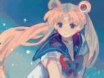  1girl beanynne bishoujo_senshi_sailor_moon blue_background bow closed_mouth earrings hair_ornament headband heart highres jewelry long_hair looking_at_viewer magical_girl moon necklace sailor_collar sailor_moon sailor_moon_redraw_challenge school_uniform simple_background solo star star_(sky) symbol_in_eye twintails 