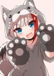  1girl absurdres admiral_graf_spee_(azur_lane) animal_costume animal_ear_fluff animal_ears animal_hood azur_lane bangs black_choker blue_eyes choker collarbone eyebrows_visible_through_hair highres hood looking_at_viewer multicolored_hair open_mouth paws ryou_(ryo_217cafe) short_hair silver_hair simple_background smile solo streaked_hair tail 