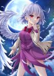  1girl absurdres beige_jacket braid breasts cowboy_shot dress feathered_wings feathers full_moon hair_between_eyes hand_to_own_mouth hand_up highres jacket kishin_sagume legs_apart looking_at_viewer medium_breasts medium_hair miy@ moon night night_sky open_clothes open_jacket outdoors purple_dress red_eyes redhead short_hair silver_hair single_wing sky solo star_(sky) staring starry_sky touhou white_wings wings 