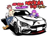  2girls brown_eyes brown_hair car fiat_124_spider ground_vehicle katana_(life_is_beautiful) kenjou_akira kirakira_precure_a_la_mode kotozume_yukari leaning_on_object long_hair motor_vehicle multiple_girls precure purple_hair short_hair thick_outlines violet_eyes 