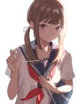  1girl bag bangs blue_sailor_collar blunt_bangs brown_hair closed_mouth earphones eyebrows_behind_hair highres holding long_hair looking_at_viewer low_twintails neckerchief noanoa-iroha original pov red_neckerchief sailor_collar school_bag school_uniform serafuku shirt short_sleeves shoulder_bag simple_background smile solo twintails upper_body violet_eyes white_background white_shirt 