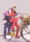  1boy 1girl bicycle blue_eyes cape char_aznable closed_mouth ground_vehicle gundam haman_karn highres military military_uniform short_hair simple_background smile sunglasses teikoku_jokyoku uniform zeta_gundam 