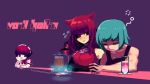  3girls alcohol animal_ears bar beer blue_hair cat_ears commentary_request dorothy_haze drill_hair drink drunk english_text gattame hairband highres holding_hands hologram multiple_girls muscle muscular_female redhead sei_asagiri simple_background sliding stella_hoshii tank_top twitter_username va-11_hall-a yuri 