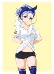  1girl :t arms_behind_back bird black_shorts blue_eyes blue_headband blue_legwear breasts chaesu collarbone cowboy_shot headband highres medium_breasts navel original pajamas_challenge pulled_by_self purple_hair shirt short_shorts shorts solo standing sweatdrop taut_clothes taut_shirt thigh-highs updo 