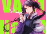  1girl bartender black_hair cigarette coat cocktail_glass collared_shirt copyright_name cup drinking_glass expressionless highres holding holding_cup jill_stingray looking_at_viewer necktie pink_background red_eyes shirt smoking solo twintails va-11_hall-a winter_clothes winter_coat 