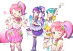  4girls :p arm_up azit_(down) blue_eyes butterfly_wings copyright_request dress hair_ornament hair_ribbon hand_on_own_face highres looking_at_viewer multiple_girls one_eye_closed open_mouth pink_dress pink_hair pointing pointing_at_self purple_hair red_eyes ribbon shirt sleeveless sleeveless_shirt tongue tongue_out wings 