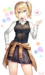  1girl :d bangs black_skirt black_vest blonde_hair blue_nails breasts brown_cardigan cardigan_around_waist collared_shirt contrapposto cowboy_shot dress_shirt eyebrows_visible_through_hair fishking grin hair_ornament hair_scrunchie hand_on_hip hayasaka_ai heart highres index_finger_raised kaguya-sama_wa_kokurasetai_~tensai-tachi_no_renai_zunousen~ long_sleeves looking_at_viewer medium_breasts miniskirt multicolored multicolored_background nail_polish open_mouth pleated_skirt ponytail scrunchie shirt short_hair sidelocks signature skirt smile solo speech_bubble spoken_heart teeth vest white_shirt wing_collar 