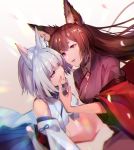  2girls :d amagi_(azur_lane) animal_ears azur_lane bare_shoulders black_kimono blue_eyes blue_skirt blush brown_hair commentary_request detached_sleeves expressionless fox_ears fox_girl hair_between_eyes hand_on_another&#039;s_face haori japanese_clothes kaga_(azur_lane) kaga_(battleship)_(azur_lane) kimono long_hair looking_at_another moji_(mojimozis) multiple_girls open_mouth parted_lips pink_eyes short_hair silver_hair skirt smile very_long_hair violet_eyes white_kimono wide_sleeves 